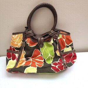 Fossil Floral Canvas & Leather Shoulder Bag With Braided Handles & Logo Key Fob